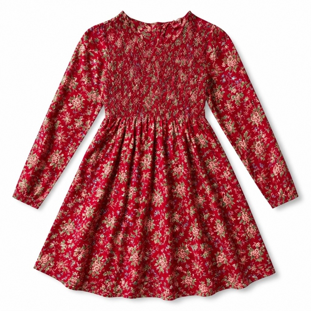 Cornelloki Floral Smocked Dress Girls 11/12 Red Vintage 90s Cottagecore